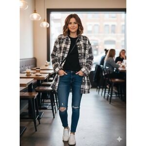 Swank A Posh Plaid Tweed Fringe Jacket Button Down Oversized Black White